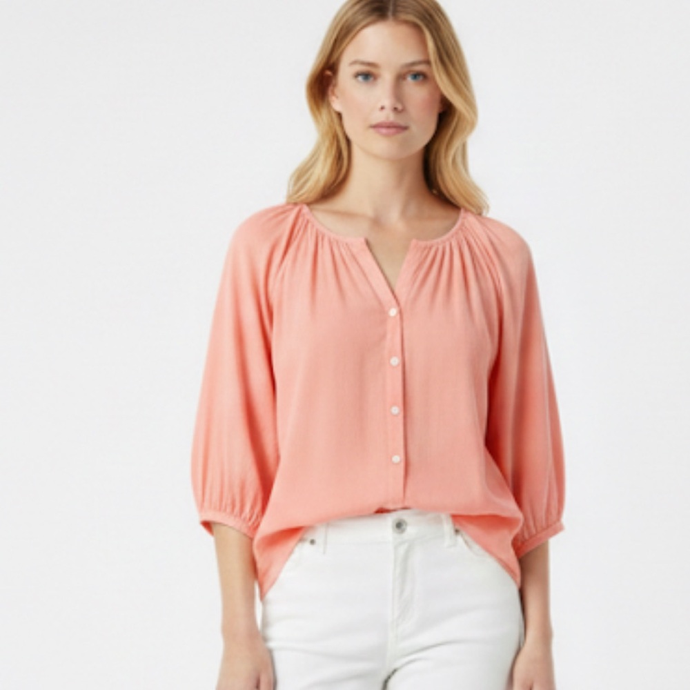 MAREA Sophie Top Cropped Boxy Puff Sleeve Coral Pink Cotton Blouse XS